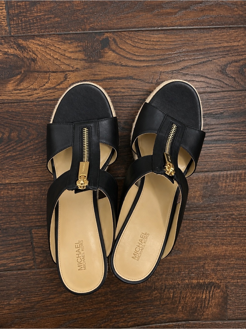 MICHAEL Michael Kors Black Slide Sandals with Gold Zip Detail